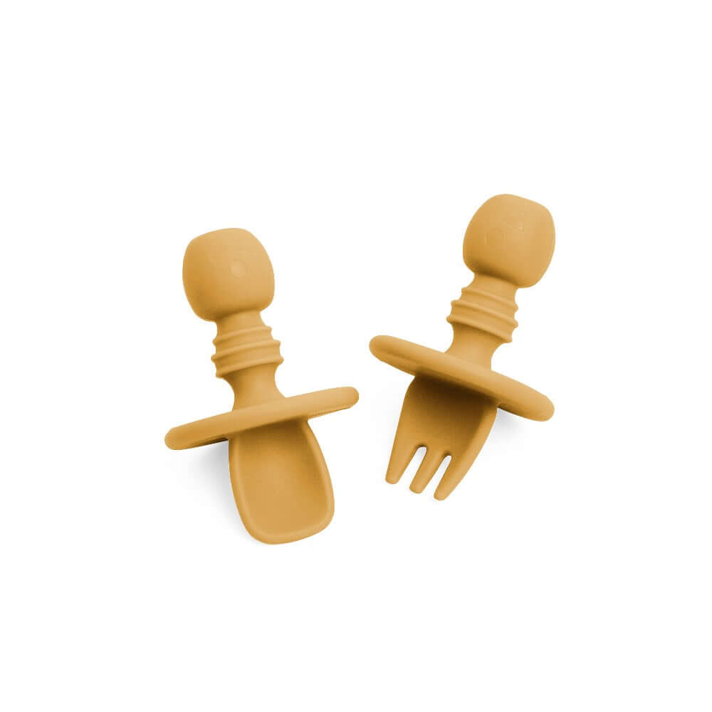 Alt Tag: Harley Utensils silicone toddler fork and spoon set with chunky round grip and safety stopper, gentle food-grade silicone heads