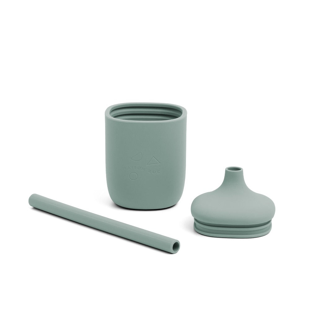Robbie Silicone Cup With Straw Side View With Lid Open Agave Color