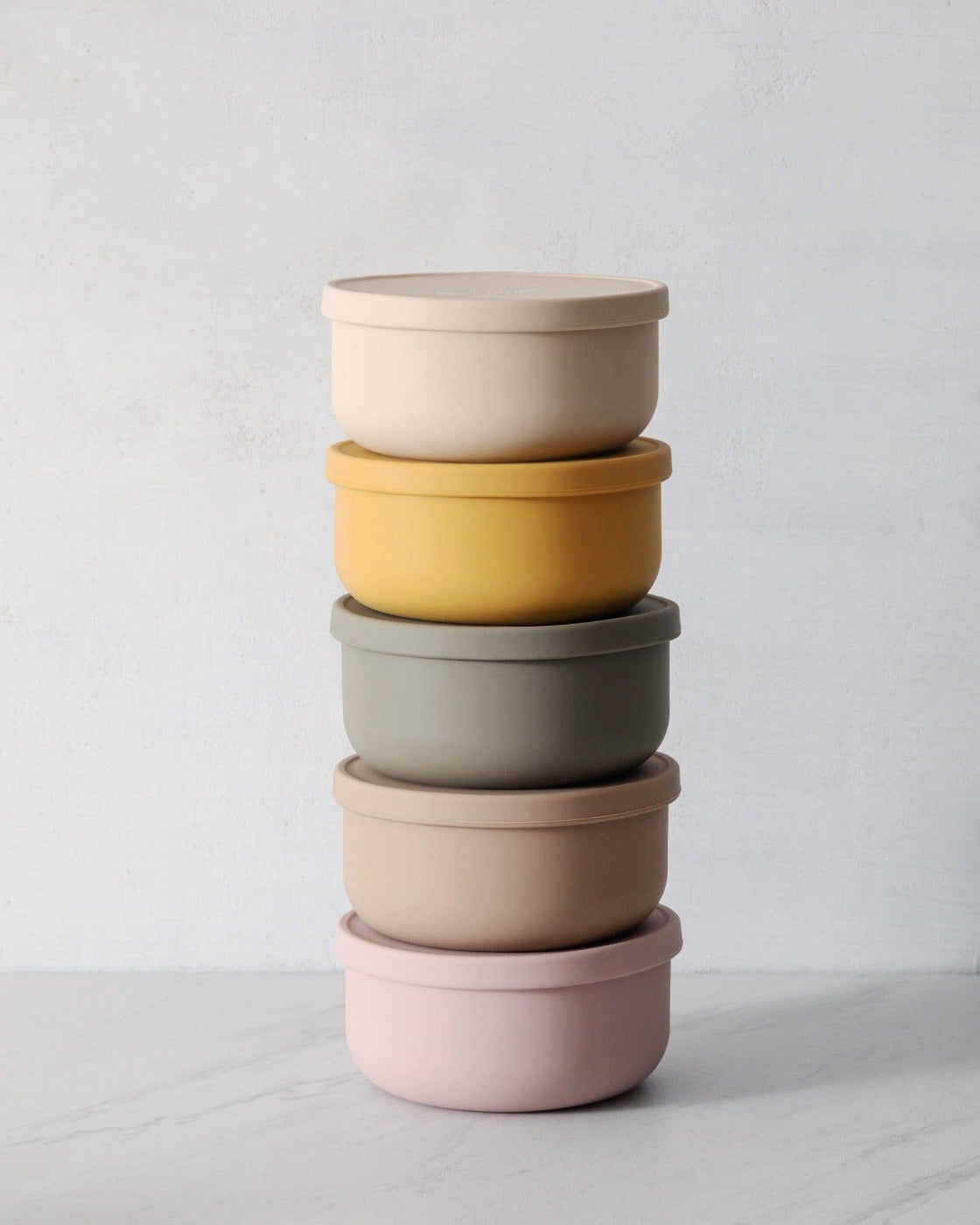 Stack of 5 Stevie Silicone Bowls in Oat, Honey, Olive, Latte & Rose